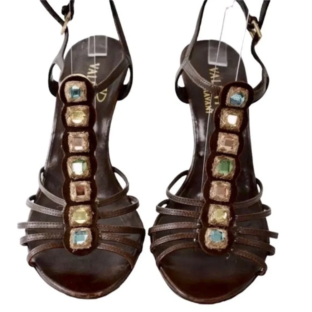 Valentino Garavani Brown Leather Embellished Wedges